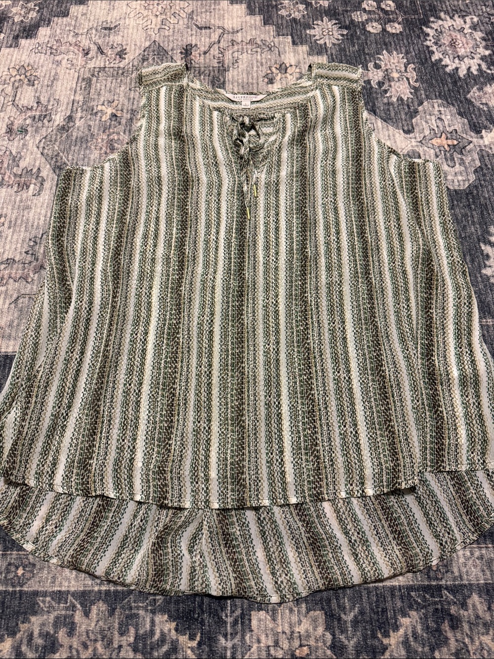 Liverpool Green and White Striped Sleeveless Tie-Neck Tunic